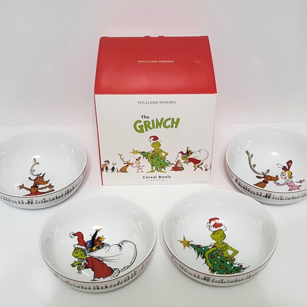 NEW RARE Williams Sonoma Set of 4 Mixed The Grinch Bowls 6.75" NIB